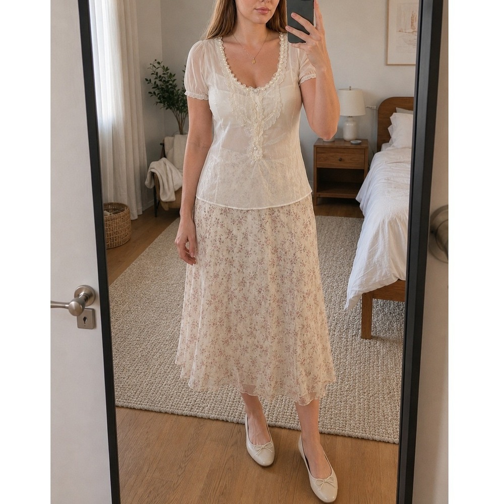 Willi Smith Womens Silk Blouse XL White Ruffle‎ Pearl Romantic Coquette Feminine